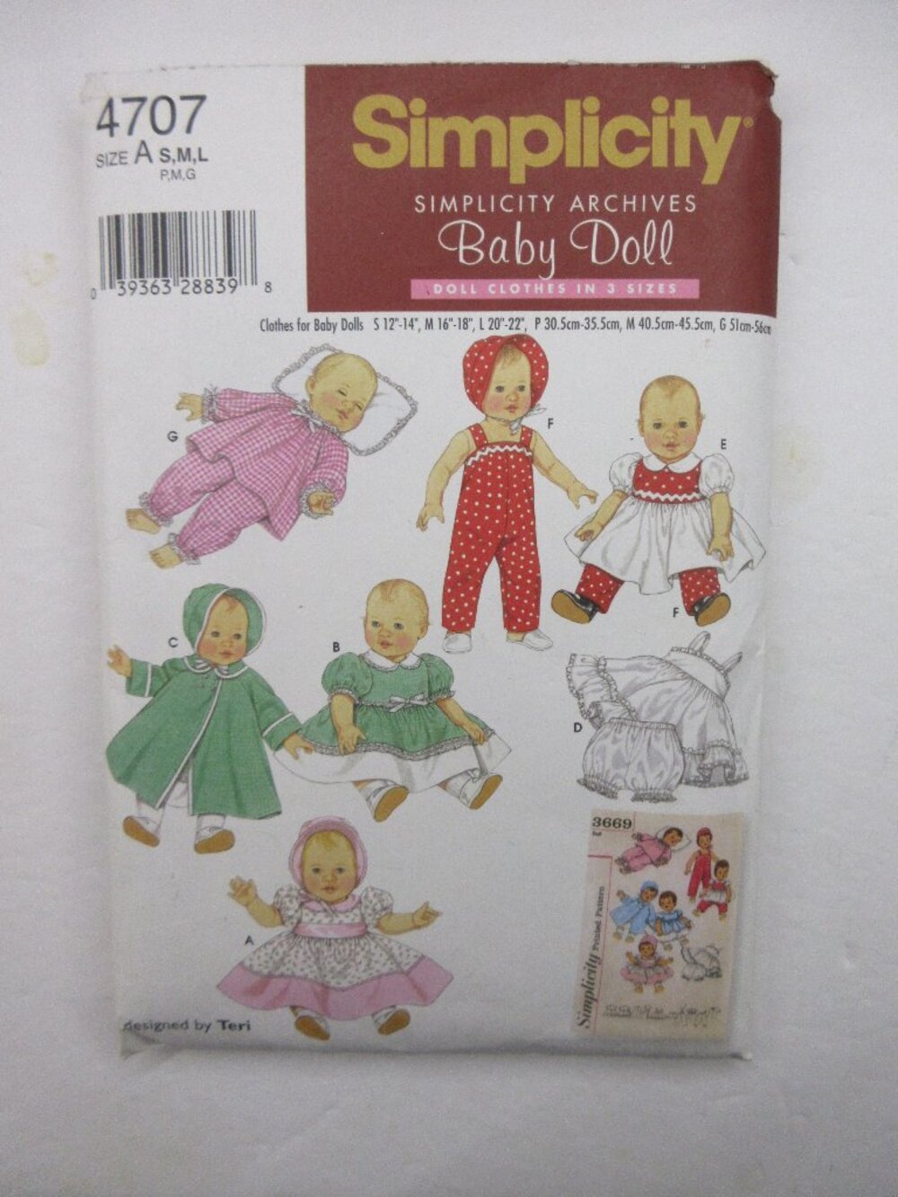 Simplicity 4707 S M L 12" - 22" Baby Doll Wardrobe Clothing Sewing Pattern UNCUT